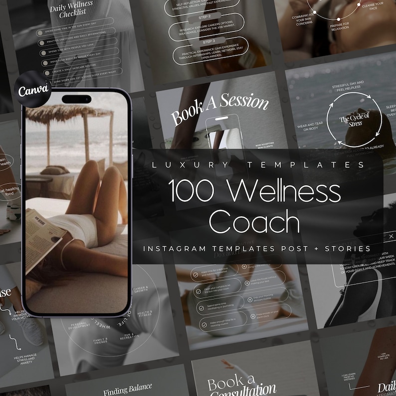 Puede incluir: Un collage de plantillas de publicaciones e historias de Instagram para entrenadores de bienestar. Las plantillas presentan una variedad de dise&ntilde;os, que incluyen una mujer relaj&aacute;ndose en una playa, un diagrama circular con las palabras "El ciclo del estr&eacute;s" y una superposici&oacute;n de texto que dice "Reservar una sesi&oacute;n".