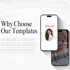 May include: A digital marketing graphic with the text "Why Choose Our Templates" in a bold font. Two smartphones display teeth whitening content. One phone shows "Aftercare" with a woman's image. The other phone shows "At-home" teeth whitening.