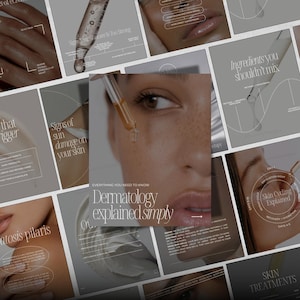 May include: A collage of educational skincare graphics featuring close-up photography of skin, serum droppers, and text overlays. The central image displays a face with the text Dermatology explained simply, surrounded by panels detailing skin health.