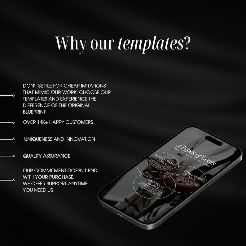 May include: A smartphone displays a graphic with the text "3 Types of Goals." The image includes the text "Why our templates?" and bullet points listing benefits like "Uniqueness and Innovation" and "Quality Assurance."