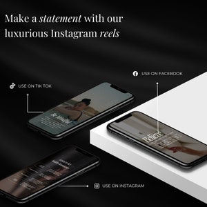 May include: Three smartphones displaying Instagram reels with the text "Make a statement with our luxurious Instagram reels." The phones show the text "Be Mindful" and "Believe." Social media icons are also visible.