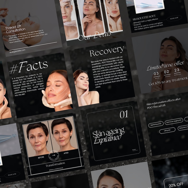 May include: A collage of images promoting thread lift treatments. The images show before and after photos of a woman's face, along with text about the benefits of thread lifts, such as skin rejuvenation and tightening. The text also includes a limited time offer for 10% off any treatment.