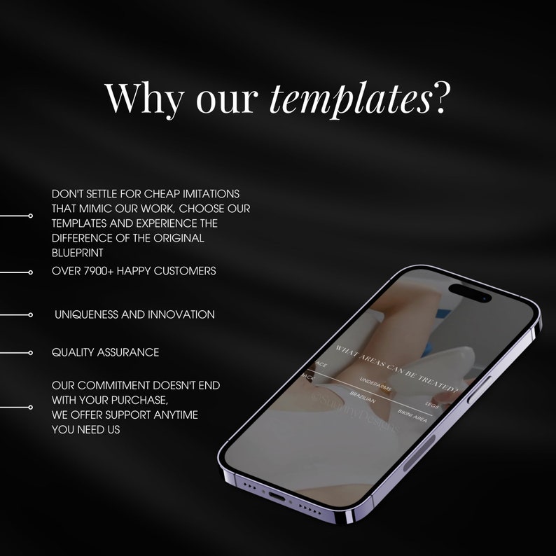 May include: A smartphone with a light purple frame displays a webpage with the text "What areas can be treated?" and a list of options. The background is black with white text that reads "Why our templates?"