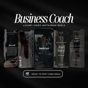 May include: Four Instagram story templates for a business coach. The templates are in a dark colour scheme with white text and graphics. The first template says "Book a Call". The second template says "Services". The third template says "Business Coach" and has a list of benefits. The fourth template says "Did you know?" and has a list of facts about brand strategy.