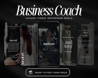 May include: Four Instagram story templates for a business coach. The templates are in a dark colour scheme with white text and graphics. The first template says "Book a Call". The second template says "Services". The third template says "Business Coach" and has a list of benefits. The fourth template says "Did you know?" and has a list of facts about brand strategy.