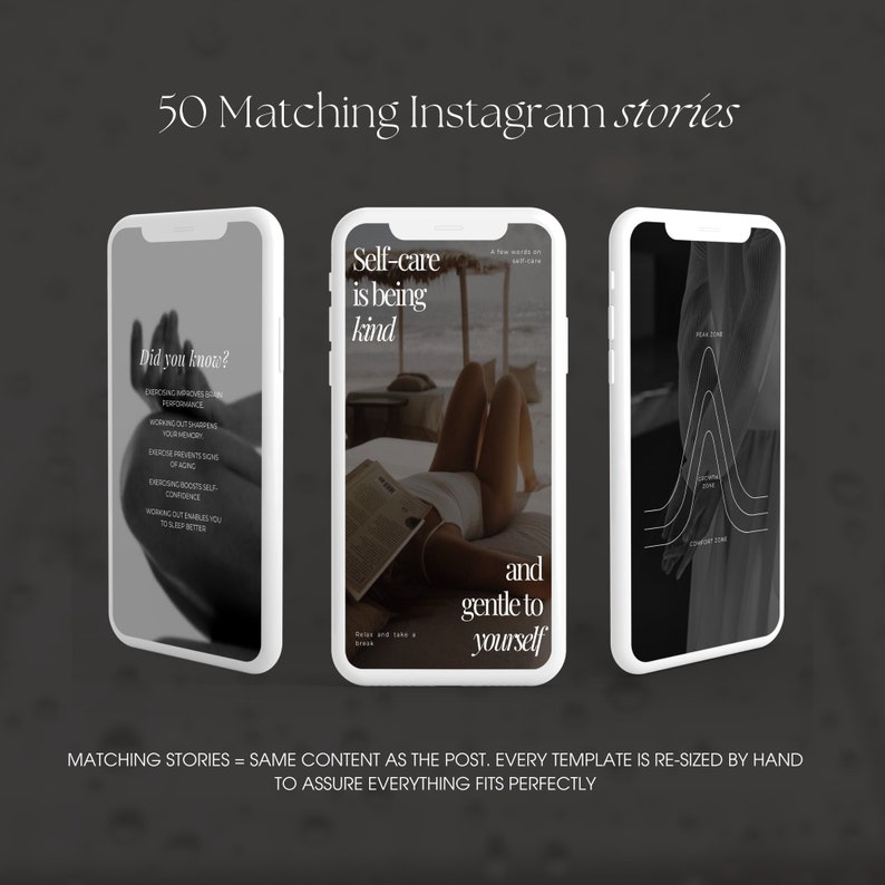 Puede incluir: Tres pantallas de tel&eacute;fono con dise&ntilde;os diferentes. La primera pantalla tiene una foto en blanco y negro de una mano. La segunda pantalla tiene una foto de una persona acostada en una cama con el texto "Self-care is being kind and gentle to yourself". La tercera pantalla tiene un gr&aacute;fico en blanco y negro de un gr&aacute;fico de l&iacute;neas con el texto "Peak Zone, Comfort Zone".