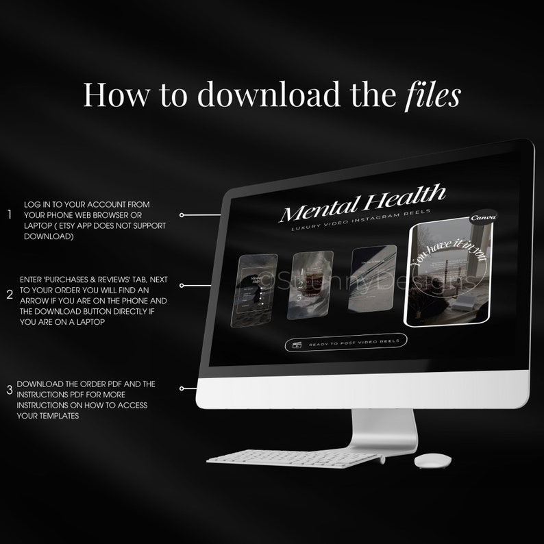 May include: A computer screen displays instructions on how to download files. The screen shows the words "Mental Health Luxury Video Instagram Reels" and sample Instagram posts. The text also includes instructions on how to download the files.
