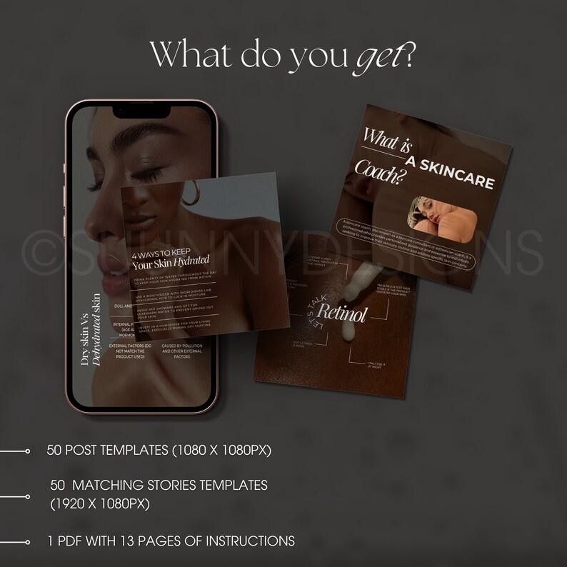 Puede incluir: Un kit de marketing digital para empresas de cuidado de la piel. El kit incluye 50 plantillas de publicaciones de Instagram, 50 plantillas de historias de Instagram y un PDF con 13 p&aacute;ginas de instrucciones. Las plantillas presentan un esquema de color marr&oacute;n y blanco con texto que dice "What is a Skincare Coach?" y "4 Ways to Keep Your Skin Hydrated".