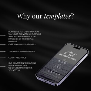 May include: A graphic with the text "Why our templates?" and a smartphone displaying "3 things for your mental health." Additional text includes "Don't settle for cheap imitations" and "Over 8200+ happy customers."