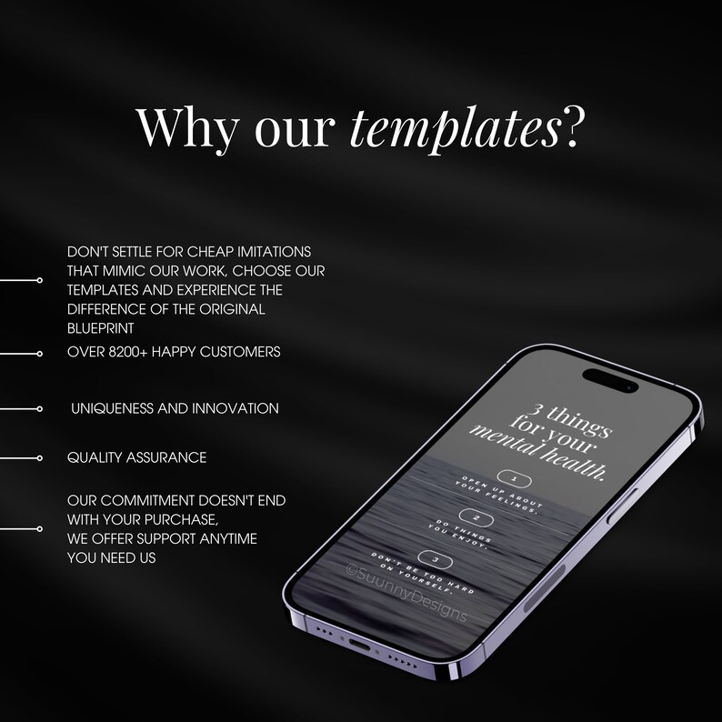 May include: A graphic with the text "Why our templates?" and a smartphone displaying "3 things for your mental health." Additional text includes "Don't settle for cheap imitations" and "Over 8200+ happy customers."