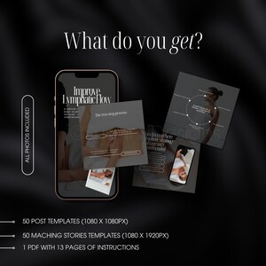 May include: A digital marketing kit for promoting lymphatic drainage massage services. The kit includes 50 social media post templates, 50 matching story templates, and a PDF with 13 pages of instructions. The image shows a phone screen with a graphic of a hand performing a massage, and a text overlay that says "Improve Lymphatic Flow".