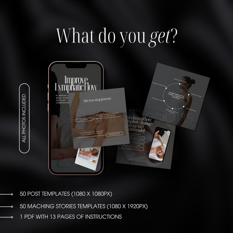 May include: A digital marketing kit for promoting lymphatic drainage massage services. The kit includes 50 social media post templates, 50 matching story templates, and a PDF with 13 pages of instructions. The image shows a phone screen with a graphic of a hand performing a massage, and a text overlay that says "Improve Lymphatic Flow".