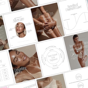 May include: A series of informational graphics about laser hair removal and skin treatments. The images include text and diagrams explaining the benefits and processes, with images of people. The colour scheme is neutral with a focus on skin.