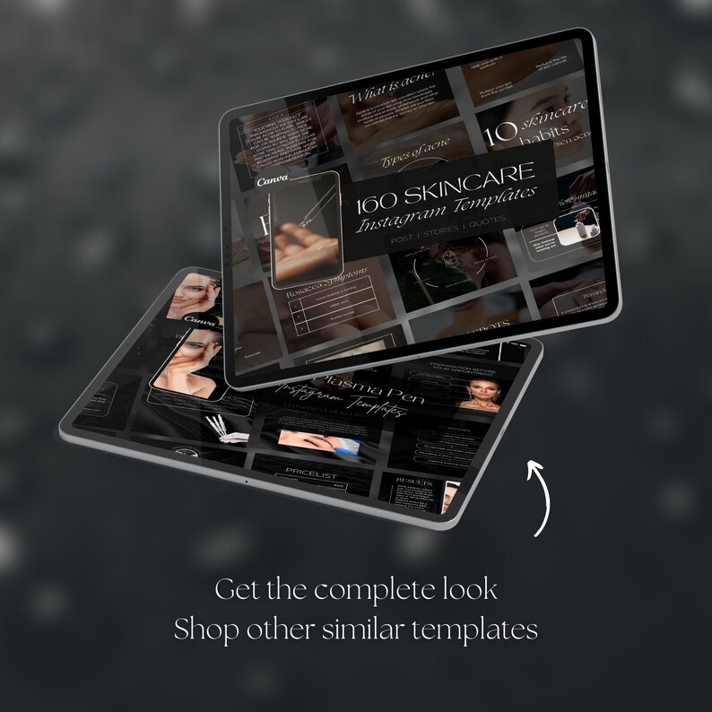 May include: A digital tablet displaying a collection of 160 black and white Instagram templates for skincare businesses. The templates feature text, images, and graphics related to skincare topics such as acne, skincare habits, and plasma pen treatments. The text on the tablet reads "160 Skincare Instagram Templates" and "Post | Stories | Quotes".