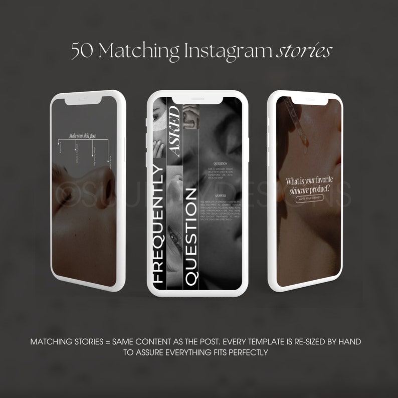 Puede incluir: Tres maquetas de pantallas de tel&eacute;fonos m&oacute;viles que muestran historias de Instagram. La primera pantalla muestra un primer plano de una cara con el texto "Make your skin glow". La segunda pantalla muestra el texto "Frequently Asked Questions" con una foto en blanco y negro de una cara. La tercera pantalla muestra un primer plano de una cara con un gotero de l&iacute;quido y el texto "&iquest;Cu&aacute;l es tu producto favorito para el cuidado de la piel?"