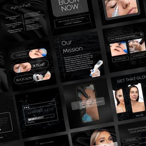 May include: A black and white graphic design for a beauty clinic. The design features a variety of images, including a woman's face, a plasma pen, and the text "Our Mission". The text "Book Now" is also featured in the design.