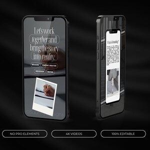 May include: Two black smartphones displaying branding and design content. One phone shows the text "Let's work together and bring the story into reality." The other phone shows the text "What is branding?" with a photo of a person walking.