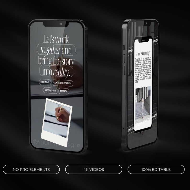 May include: Two black smartphones displaying branding and design content. One phone shows the text "Let's work together and bring the story into reality." The other phone shows the text "What is branding?" with a photo of a person walking.