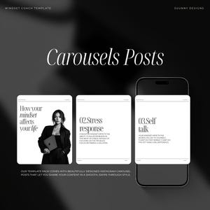 May include: A digital product mockup featuring a black smartphone displaying Instagram carousel posts. The posts are white with black text, including "How your mindset affects your life" and "02. Stress response." The background is black and white.