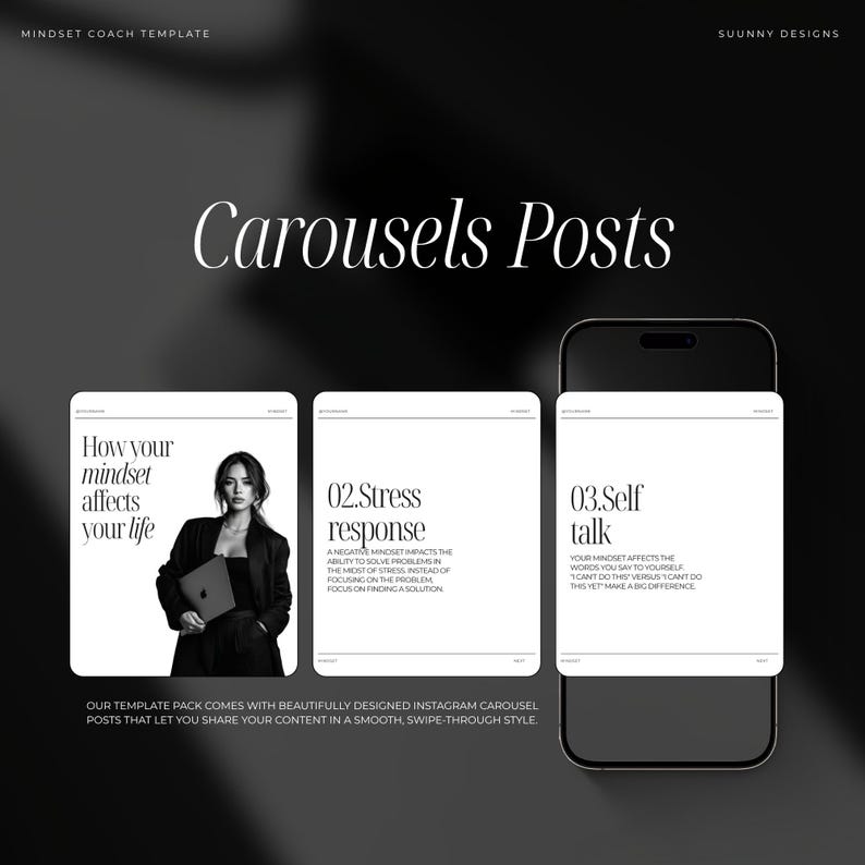 May include: A digital product mockup featuring a black smartphone displaying Instagram carousel posts. The posts are white with black text, including "How your mindset affects your life" and "02. Stress response." The background is black and white.