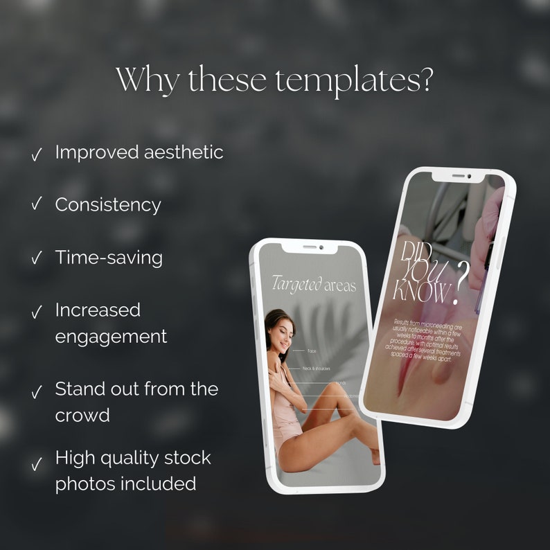 May include: Two smartphone mockups with a white background. The left mockup shows a woman in a white bodysuit with the text "Targeted areas" and a list of body parts. The right mockup shows the text "Did you know?" and a description of microneedling results.