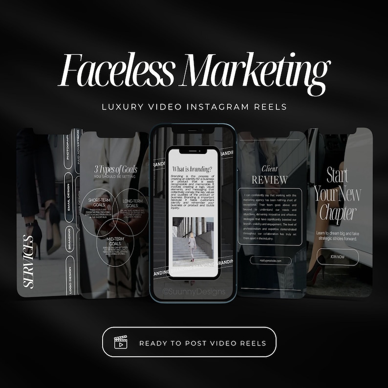 May include: A digital marketing graphic with the text "Faceless Marketing" and "Luxury Video Instagram Reels." The image showcases mockups of phone screens with text and images, including "3 Types of Goals" and "Client Review."