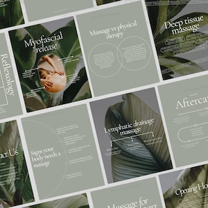 Könnte beinhalten: Eine Sammlung von Informationskarten in Grün und Weiß, die sich mit Massagetherapie befassen. Themen sind Myofascial Release, Tiefengewebsmassage und Lymphdrainage. Die Karten enthalten Bilder von Blättern und einer Person, die eine Massage erhält, mit Text in einer modernen Schrift.