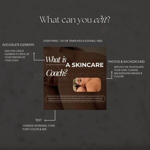 Puede incluir: Una plantilla de dise&ntilde;o gr&aacute;fico para un entrenador de cuidado de la piel, con el texto "What is a Skincare Coach?" y una foto de una mujer. La plantilla es personalizable con tus propias fotos, texto y colores.