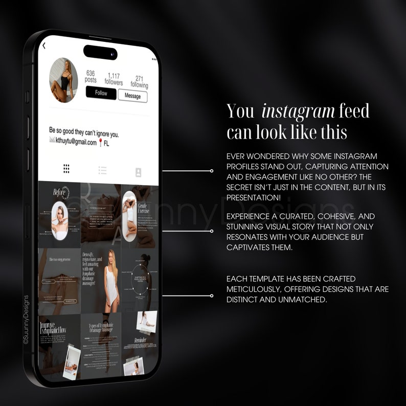May include: A screenshot of a mobile phone displaying a social media profile with a grid of nine images. The profile has 636 posts, 1,117 followers, and 271 following. The text "You instagram feed can look like this" is displayed above the grid of images. The text "EVER WONDERED WHY SOME INSTAGRAM PROFILES STAND OUT, CAPTURING ATTENTION AND ENGAGEMENT LIKE NO OTHER? THE SECRET ISN'T JUST IN THE CONTENT, BUT IN ITS PRESENTATION!" is displayed below the grid of images. The text "EXPERIENCE A CURATED, COHESIVE, AND STUNNING VISUAL STORY THAT NOT ONLY RESONATES WITH YOUR AUDIENCE BUT CAPTIVATES THEM." is displayed below the previous text. The text "EACH TEMPLATE HAS BEEN CRAFTED METICULOUSLY, OFFERING DESIGNS THAT ARE DISTINCT AND UNMATCHED." is displayed below the previous text.