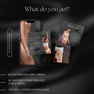 Może przedstawiać: Zestaw marketingu cyfrowego dla firm oferujących usługi tatuażu areoli. Zestaw zawiera 50 szablon&oacute;w post&oacute;w, 50 pasujących szablon&oacute;w historii i plik PDF z 13 stronami instrukcji. Obraz przedstawia ekran telefonu wyświetlający szablon postu z tekstem "Czym jest tatuaż areoli?" i grafiką kobiecego tułowia. Obraz przedstawia r&oacute;wnież ekran telefonu wyświetlający szablon historii z tekstem "Uzyskaj sw&oacute;j pierwszy zabieg" i grafiką kobiecej twarzy. Obraz przedstawia r&oacute;wnież kartę z tekstem "Opieka pooperacyjna" i listą instrukcji opieki pooperacyjnej.