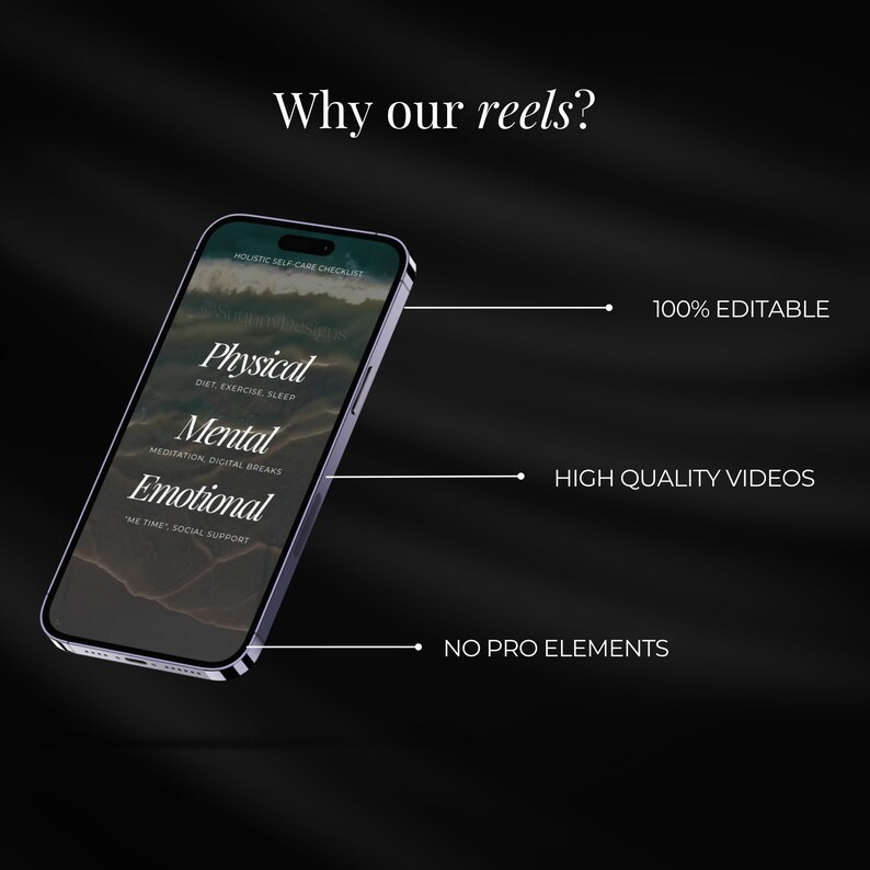 May include: A smartphone displays text: "Why our reels?" and "Holistic Self-Care Checklist." The screen shows "Physical," "Mental," and "Emotional" categories. Text highlights features: "100% Editable," "High Quality Videos," and "No Pro Elements."