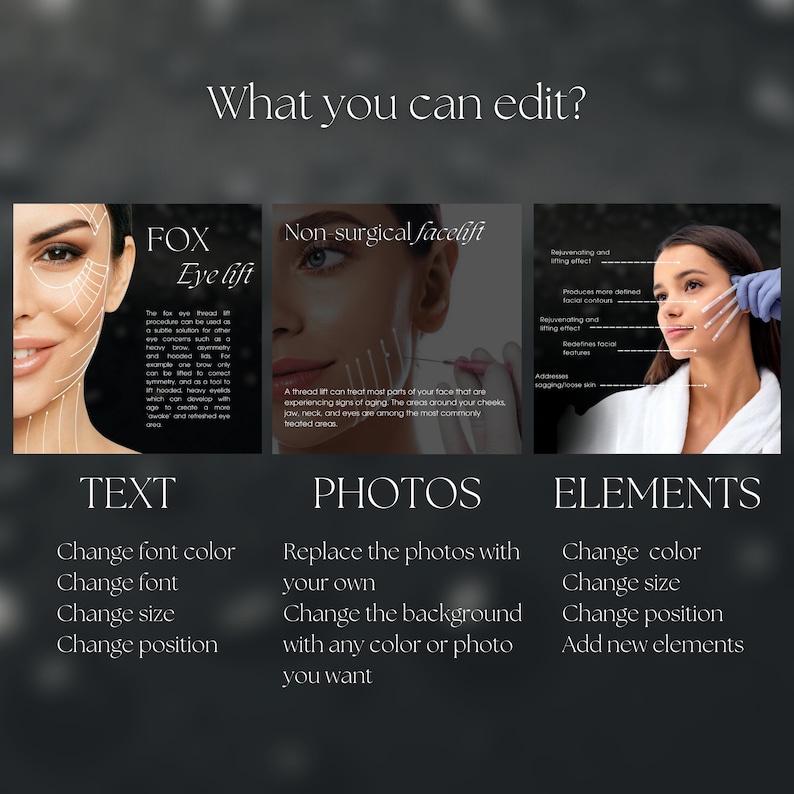 May include: A graphic with three sections, each with a photo of a person's face and text. The first section is titled "FOX Eye lift" and describes a procedure for the eyes. The second section is titled "Non-surgical facelift" and describes a thread lift procedure. The third section is titled "ELEMENTS" and describes how to edit the image.