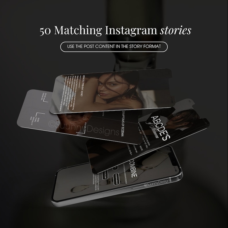 May include: A mockup of five smartphone screens displaying different Instagram story templates. The screens are stacked on top of each other and show various text and images. The text on the screens includes "ABCDE's of Glamour", "Symptoms of Eczema", "How Do I Prevent Acne", and "COMBINE".