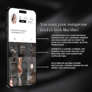 Może przedstawiać: Zrzut ekranu telefonu kom&oacute;rkowego wyświetlający kanał Instagram z dopracowaną estetyką. Kanał zawiera siatkę dziewięciu obraz&oacute;w, z kt&oacute;rych każdy ma inny projekt i schemat kolor&oacute;w. Obrazy są powiązane z tematem piękna i dobrego samopoczucia. Podpis brzmi "Chcesz, żeby Tw&oacute;j kanał Instagram wyglądał tak?" i wyjaśnia, jak stworzyć wizualnie atrakcyjny kanał Instagram.