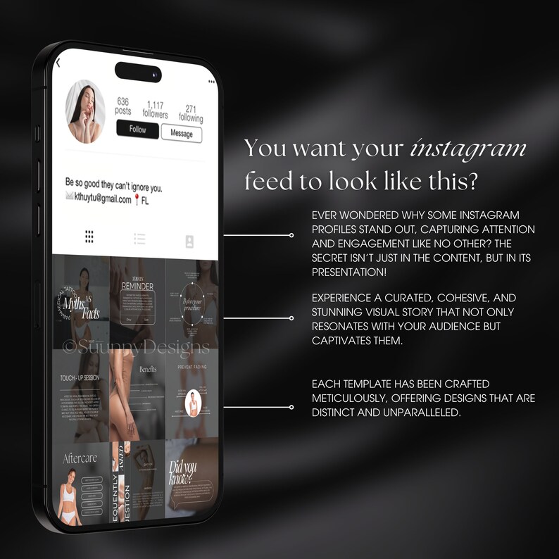 Może przedstawiać: Zrzut ekranu telefonu kom&oacute;rkowego wyświetlający kanał Instagram z dopracowaną estetyką. Kanał zawiera siatkę dziewięciu obraz&oacute;w, z kt&oacute;rych każdy ma inny projekt i schemat kolor&oacute;w. Obrazy są powiązane z tematem piękna i dobrego samopoczucia. Podpis brzmi "Chcesz, żeby Tw&oacute;j kanał Instagram wyglądał tak?" i wyjaśnia, jak stworzyć wizualnie atrakcyjny kanał Instagram.