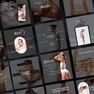 May include: A series of black and white Instagram posts about lymphatic drainage massage. The posts include information about the benefits of lymphatic drainage massage, the two-step process, and how to prepare for and after a massage. The posts also include a before and after photo of a woman who has received a lymphatic drainage massage.
