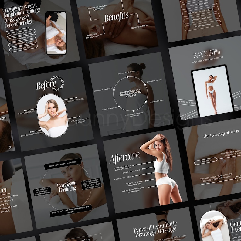 May include: A series of black and white Instagram posts about lymphatic drainage massage. The posts include information about the benefits of lymphatic drainage massage, the two-step process, and how to prepare for and after a massage. The posts also include a before and after photo of a woman who has received a lymphatic drainage massage.