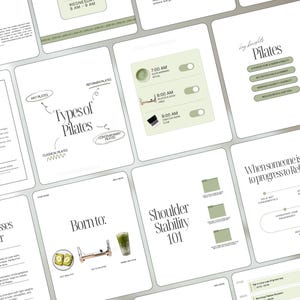 May include: A collection of white cards with text and illustrations related to Pilates and wellness. The cards feature titles like "Types of Pilates," "Shoulder Stability 101," and "Born to." The color scheme is primarily white, with accents of green and black.