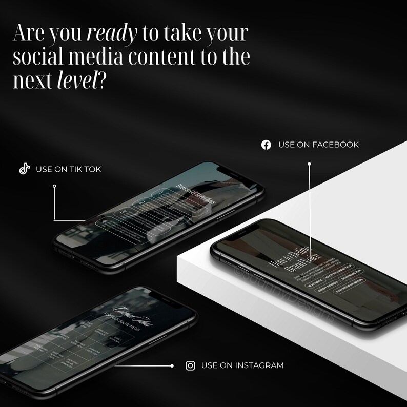 May include: An image with three smartphones on a white surface against a black background. The phones display social media content with the text "Are you ready to take your social media content to the next level?" and prompts to use content on TikTok, Facebook, and Instagram.