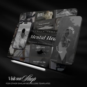 May include: A digital design featuring a smartphone and tablet displaying mental health-themed Instagram templates. The design includes text such as "Mental Health," "Self-Love," and "Easy Self-Care Tips." A white stylus rests on the surface, and the design is in grayscale.