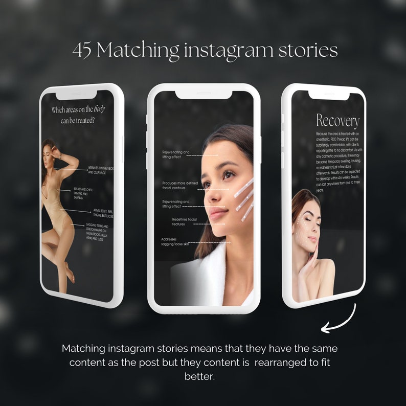 May include: Three smartphone screens showing different aspects of a cosmetic procedure. The first screen shows a woman's body with areas that can be treated highlighted. The second screen shows a woman's face with needles inserted for a cosmetic procedure. The third screen shows a woman's face with the text "Recovery" and information about the procedure.