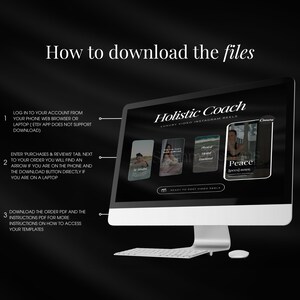 May include: A computer screen displays a website titled "Holistic Coach" with the text "Luxury Video Instagram Reels." The screen shows instructions on how to download files, along with sample Instagram reel templates. A keyboard and mouse are in the foreground.