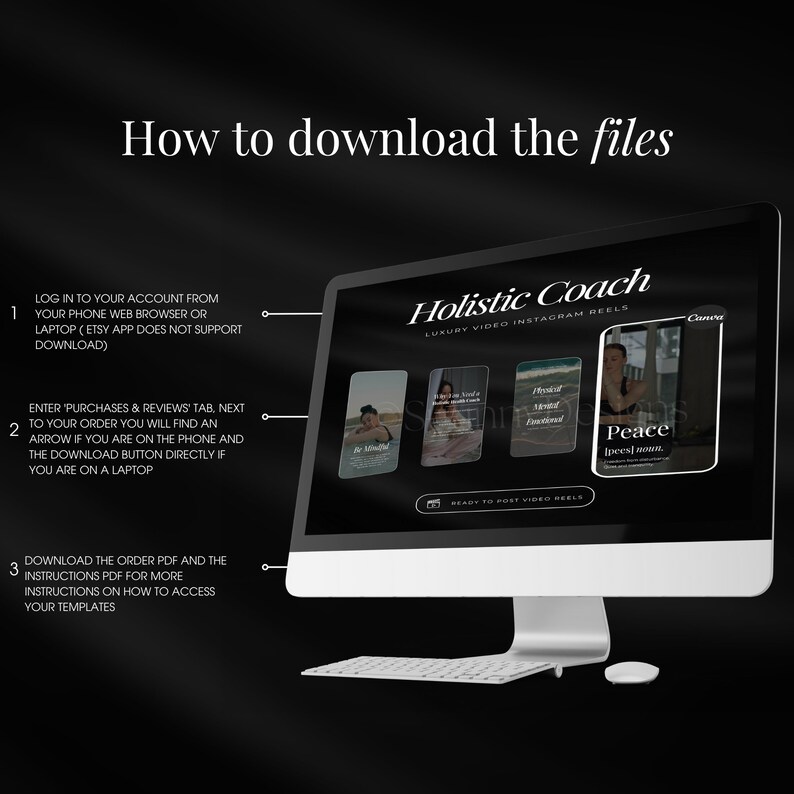 May include: A computer screen displays a website titled "Holistic Coach" with the text "Luxury Video Instagram Reels." The screen shows instructions on how to download files, along with sample Instagram reel templates. A keyboard and mouse are in the foreground.