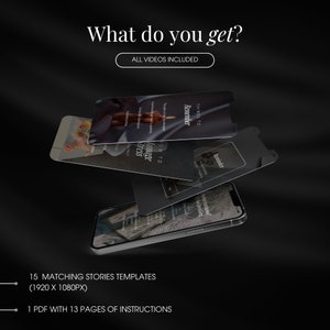 May include: A graphic design showcasing a presentation of digital templates on smartphones. The text reads "What do you get?" and "All videos included." Additional text highlights 15 matching stories templates and a 13-page PDF instruction guide. The background is black.