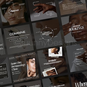 May include: A collage of images promoting a dermatology clinic. The images feature close-ups of skin, a hand, and a phone screen. The text includes "Retinol", "Combine", "Common Conditions That Dermatologists Treat", "January Bookings", "Same-Day Dermatology Clinic", "Reminder", and "Peeling".