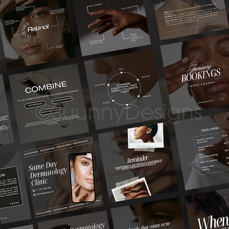 May include: A collage of images promoting a dermatology clinic. The images feature close-ups of skin, a hand, and a phone screen. The text includes "Retinol", "Combine", "Common Conditions That Dermatologists Treat", "January Bookings", "Same-Day Dermatology Clinic", "Reminder", and "Peeling".