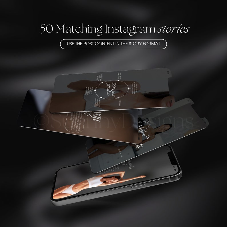 Może przedstawiać: Zestaw pięciu makiet ekran&oacute;w telefon&oacute;w kom&oacute;rkowych wyświetlających r&oacute;żne szablony historii na Instagramie. Szablony przedstawiają kobietę w białej bieliźnie i tekst, kt&oacute;ry brzmi "Przed zabiegiem" i "Mitem jest", z grafiką koła ze strzałkami wskazującymi r&oacute;żne części ciała.