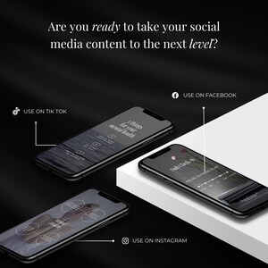 May include: Three smartphones displaying social media content, with the text "Are you ready to take your social media content to the next level?" The phones are labeled "Use on TikTok", "Use on Facebook", and "Use on Instagram".