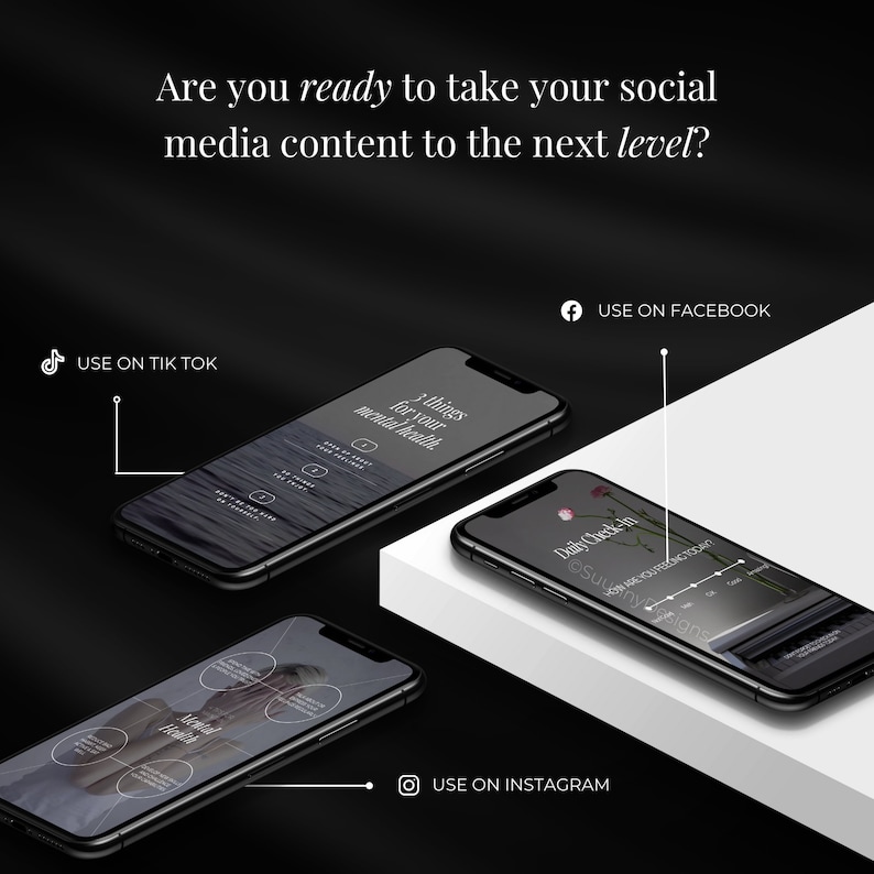 May include: Three smartphones displaying social media content, with the text "Are you ready to take your social media content to the next level?" The phones are labeled "Use on TikTok", "Use on Facebook", and "Use on Instagram".