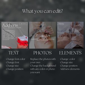 May include: A graphic design template for a beauty salon or spa. The template features three sections: Add-ons, Photos, and Elements. The Add-ons section includes a red light therapy treatment. The Photos section shows a woman receiving a facial treatment. The Elements section includes information about microneedling. The template is customizable with text, photos, and elements.